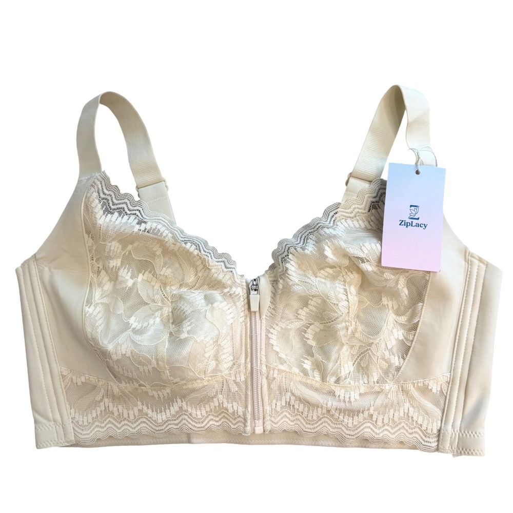 ZipLacy Women Front Zip Lace Bra Beige Floral Comfort Support 2XL New